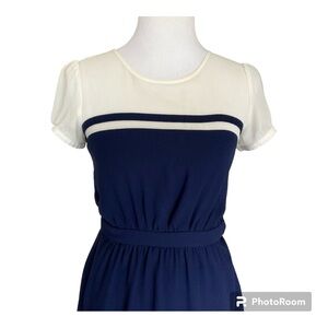Forever 21 Navy Blue Dress With Sheer Ivory Chiffon Neckline S